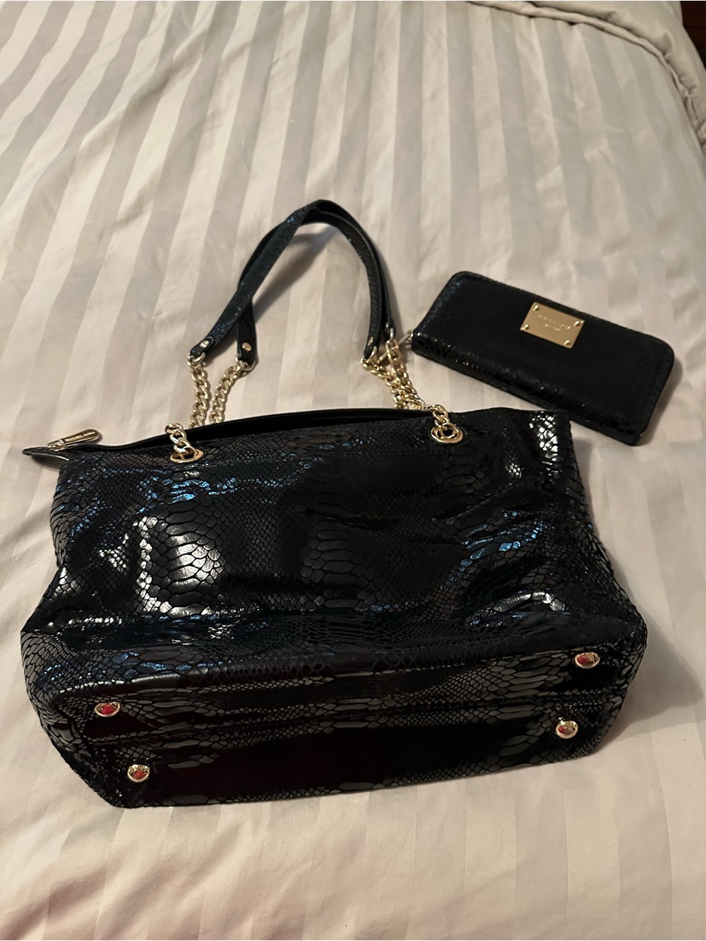 Michael Kors Black Faux-Snakeskin Shoulder Tote with Gold Chain Accents